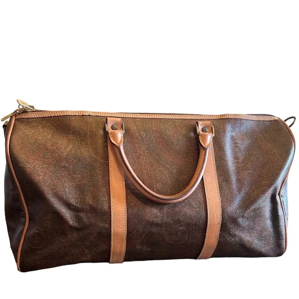 Etro Burgundy Brown Paisley Travel Bag Weekender Duffel Leather Trim Made Italy